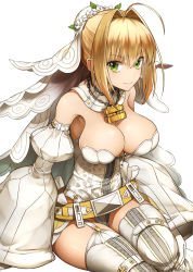 Rule 34 | 10s, 1girl, ahoge, bare shoulders, belt, boots, breasts, bridal veil, chain, cleavage, closed mouth, detached collar, detached sleeves, fate/extra, fate/extra ccc, fate (series), full-length zipper, garter straps, gloves, hair bun, hair intakes, head wreath, highres, hip focus, large breasts, leotard, lock, looking at viewer, loose belt, nero claudius (bride) (fate), nero claudius (bride) (second ascension) (fate), nero claudius (fate), nero claudius (fate) (all), padlock, puffy sleeves, simple background, single hair bun, sitting, smile, solo, strapless, strapless leotard, takahan, thigh boots, thighhighs, thighs, veil, white background, white gloves, white leotard, wide sleeves, zipper, zipper pull tab