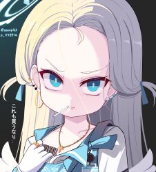 Rule 34 | 1girl, black background, blonde hair, blue archive, blue eyes, blue halo, cigarette, collarbone, commentary request, cross, cross necklace, earrings, forehead, gloves, halo, highres, hoop earrings, jewelry, looking at viewer, necklace, ring, solo, sora (blue archive), sseopik, translation request, twitter username, upper body, white gloves, white wings, wings