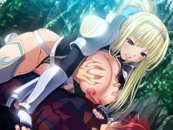 Rule 34 | 10s, 1boy, 1girl, armor, blonde hair, blush, grabbing another&#039;s breast, breasts squeezed together, breasts, censored, clothed sex, cowgirl position, covered erect nipples, game cg, girl on top, grabbing, hetero, huge breasts, isis petrovna ellenskaia, kyonyuu fantasy, nipples, outdoors, penis, pussy, pussy juice, ryuuto henge, saliva, sex, straddling, sweat, tiara