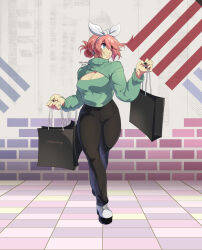 Rule 34 | 1girl, ahoge, alternate costume, bag, black nails, black pants, blizzardingpike, blue eyes, breasts, cleavage cutout, clothing cutout, elphelt valentine, full body, green sweater, guilty gear, guilty gear strive, guilty gear xrd, headband, highres, huge ahoge, large breasts, long sleeves, looking to the side, medium hair, meme attire, nail polish, open-chest sweater, pants, pink hair, shopping, shopping bag, smile, standing, sweater, white footwear, white headband