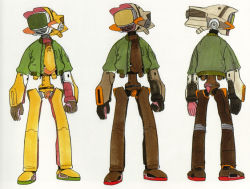 Rule 34 | 00s, alternate color, canti, character sheet, clothed robot, concept art, flcl, humanoid robot, jacket, no humans, non-humanoid robot, official art, robot, sadamoto yoshiyuki