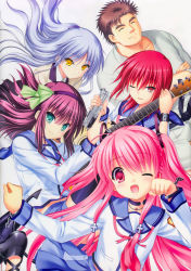 Rule 34 | 1boy, 4girls, ;), ;d, absurdres, angel, angel beats!, black hair, blue sailor collar, blue skirt, chain, closed eyes, closed mouth, collarbone, collared shirt, fang, floating hair, green eyes, highres, holding, holding instrument, instrument, iwasawa masami, japanese clothes, jewelry, kimono, long hair, looking at viewer, matsushita (angel beats!), medium hair, miniskirt, multiple girls, na-ga, nakamura yuri, necklace, one eye closed, open mouth, paw pose, pink eyes, pink hair, pleated skirt, red eyes, red hair, sailor collar, shirt, silver hair, skirt, smile, tenshi (angel beats!), twintails, two side up, very long hair, white background, white kimono, white shirt, wing collar, wristband, yellow eyes, yui (angel beats!)