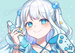 Rule 34 | 1girl, amane uta, bead bracelet, beads, blue eyes, blue hair, blue nails, bracelet, close-up, closed mouth, commission, controller, game controller, hair ornament, hands up, highres, holding, holding controller, holding game controller, indie virtual youtuber, jewelry, long hair, looking at viewer, nail polish, natsumiya ramune, polka dot, portrait, skeb commission, smile, solo, two side up, virtual youtuber, watermark