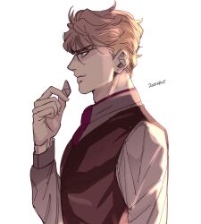 Rule 34 | 1boy, 2020, absurdres, blonde hair, brown vest, charai (withoutyou222), commentary request, dated, dio brando, ear birthmark, from side, highres, holding, jojo no kimyou na bouken, long sleeves, male focus, necktie, phantom blood, shirt, short hair, smirk, solo, vest, white background, white shirt