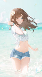 Rule 34 | 1girl, ;d, aqua hair, bikini, bikini under clothes, blue eyes, blue shorts, blurry, blurry background, blush, breasts, brown hair, commentary, crop top, cutoffs, day, denim, denim shorts, depth of field, dotz, floating hair, grin, hand up, highres, long hair, looking at viewer, md5 mismatch, medium breasts, midriff, navel, one eye closed, open mouth, original, outdoors, resolution mismatch, see-through, shirt, short shorts, short sleeves, shorts, side-tie shirt, small breasts, smile, solo, source smaller, stomach, striped bikini, striped clothes, summer, sunlight, swimsuit, teeth, thighs, tied shirt, wading, water, water drop, wet, wet clothes, wet shirt, white shirt, wristband
