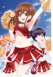 Rule 34 | &gt; &lt;, 3girls, absurdres, ahoge, arm up, armpits, bare arms, bare shoulders, black hair, breasts, brown eyes, brown hair, cheerleader, confetti, crop top, crop top overhang, hand up, highres, holding, holding pom poms, leg up, long hair, looking at viewer, massala, medium hair, midriff, miniskirt, multiple girls, navel, orange hair, original, outdoors, pleated skirt, pom pom (cheerleading), ponytail, purple eyes, red shirt, red skirt, sailor collar, scan, shirt, shoes, skirt, sleeveless, sleeveless shirt, small breasts, socks, stomach, sweat, thighs, twintails, white legwear