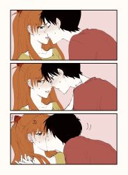 Rule 34 | 1boy, 1girl, black hair, blue eyes, blush, breasts, brown hair, casual, closed eyes, embarrassed, eye contact, french kiss, hair ornament, hetero, highres, interface headset, kiss, long hair, looking at another, neon genesis evangelion, pink background, shirt, short hair, simple background, souryuu asuka langley, standing, tongue, tongue out, trembling, tsundere, unihotate0329, very long hair, yellow shirt