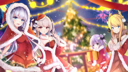 Rule 34 | 4girls, :d, ahoge, amagi jiang, aqua eyes, azur lane, bare shoulders, blonde hair, blue eyes, blunt bangs, blurry, box, breasts, brown eyes, carrying, christmas, christmas lights, christmas tree, cleavage, coat, collarbone, commentary request, depth of field, dress, eyes visible through hair, formidable (azur lane), fur-trimmed coat, fur-trimmed hood, fur-trimmed sleeves, fur collar, fur trim, gift, gift box, hair bun, hair ornament, hair ribbon, hat, highres, hood, illustrious (azur lane), laurel crown, long hair, looking at viewer, multiple girls, night, night sky, off-shoulder dress, off shoulder, one side up, open mouth, own hands together, parted lips, purple eyes, purple hair, red hood, ribbon, santa hat, sidelocks, silver hair, single hair bun, sky, smile, star (sky), starry sky, tri tails, twintails, unicorn (azur lane), victorious (azur lane)
