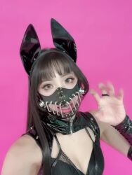 Rule 34 | 1girl, animal ears, animated, asian, bare arms, bare shoulders, black hair, bra, breasts, fake animal ears, fingernails, japanese (nationality), lips, long hair, looking at viewer, lowres, mask, model, photo (medium), real life, ririkana, small breasts, solo, sound, tagme, thighs, underwear, underwear only, v, video