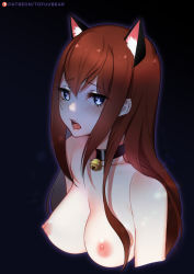 Rule 34 | animal ears, bare shoulders, blue eyes, blush, breasts, brown hair, cat ears, choker, commentary, cropped torso, english commentary, hair between eyes, kemonomimi mode, looking at viewer, makise kurisu, medium breasts, neck bell, nipples, open mouth, sidelocks, simple background, solo, steins;gate, tofuubear, upper body