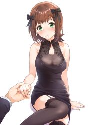 Rule 34 | 1boy, 1girl, absurdres, amami haruka, arm support, b1ack illust, black bow, black dress, black thighhighs, blush, bow, breasts, brown hair, cleavage, collarbone, commentary request, dress, eyelashes, garter straps, green eyes, hair bow, highres, holding hands, idolmaster, idolmaster (classic), looking at viewer, medium hair, nail polish, on floor, parted lips, pink nails, producer (idolmaster), see-through, see-through cleavage, shadow, side slit, sidelocks, sleeveless, sleeveless dress, thighhighs, thighs, white background