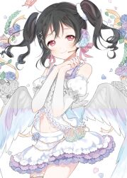 Rule 34 | 1girl, ahoge, angel wings, bad id, bad twitter id, bare shoulders, black hair, blush, commentary request, detached sleeves, dress, floral background, frilled dress, frills, hair ornament, idol, idol clothes, korean commentary, looking at viewer, love live!, love live! school idol project, marin (myuy 3), microphone, navel, own hands together, petals, puffy sleeves, red eyes, solo, standing, twintails, white background, white sleeves, wings, x hair ornament, yazawa nico