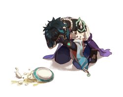 Rule 34 | 1boy, bead necklace, beads, black hair, blue hair, bowl, commentary, english commentary, food, full body, genshin impact, gloves, hands on own head, highres, jewelry, kneeling, male focus, meme, multicolored hair, necklace, qiinamii, simple background, solo, spill, spoon, tassel, vision (genshin impact), white background, xiao (genshin impact)