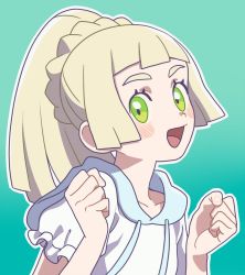 Rule 34 | 1girl, :d, blonde hair, blush, braid, clenched hands, commentary request, creatures (company), crown braid, eyelashes, game freak, green background, green eyes, hands up, happy, lillie (pokemon), long hair, looking at viewer, nintendo, open mouth, outline, pokemon, pokemon sm, ponytail, sailor collar, shirt, short sleeves, simple background, smile, solo, tebaoh, tongue, upper body, white shirt