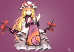 Rule 34 | 1641 (chfhrtor94), 1girl, alternate eye color, blonde hair, bow, clenched hand, colored eyelashes, commentary request, dress, full body, gap (touhou), gradient background, hair between eyes, hair bow, hat, korean commentary, long hair, long sleeves, looking at viewer, mob cap, purple background, red bow, signature, sitting, smile, tabard, touhou, very long hair, waving, white dress, white headwear, wide sleeves, yakumo yukari, yellow eyes