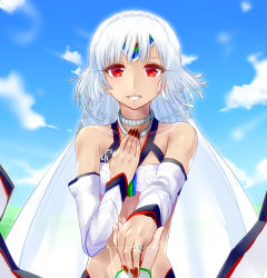 Rule 34 | 10s, 1boy, 1girl, absurdres, altera (fate), bare shoulders, blue sky, cloud, dark-skinned female, dark skin, day, detached sleeves, fate/extella, fate/extra, fate/grand order, fate (series), fingernails, full-body tattoo, grin, holding hands, hetero, highres, jewelry, kishinami hakuno (male), looking at viewer, midriff, minarai tenna, nail polish, pov, red eyes, red nails, ring, sharp fingernails, short hair, sky, smile, solo focus, tattoo, veil, white hair
