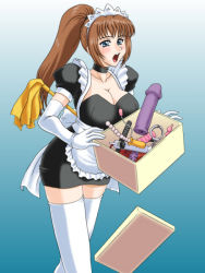 Rule 34 | 1girl, apron, blue eyes, blush, box, breasts, brown hair, butt plug, cleavage, cuffs, dildo, elbow gloves, enema, female focus, gloves, gradient background, handcuffs, headdress, holding, large breasts, long hair, maid, maid apron, open mouth, oukazero, ponytail, sex toy, sexually suggestive, solo, spiked dildo, thighhighs, vibrator