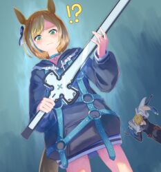 Rule 34 | !?, 1boy, 1girl, animal ears, black shirt, blonde hair, blue background, closed mouth, collar, crossover, frilled shirt collar, frills, green eyes, guilty gear, guilty gear strive, highres, holding, holding sword, holding weapon, horse ears, horse girl, horse tail, ky kiske, little cocon (umamusume), looking down, multicolored hair, raised eyebrow, rokusuijo, running, shirt, short hair, solo, solo focus, streaked hair, sword, tail, thunderseal, umamusume, weapon