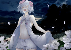 Rule 34 | 1girl, absurdres, breasts, cloud, cloudy sky, collar, dress, dusk, facing viewer, field, flower, flower field, hair flower, hair ornament, highres, kudou chitose, laughing, light, navel, nijisanji, open clothes, petals, ribbon, short shorts, shorts, sky, small breasts, solo, standing, stomach, tree, upper body, virtual youtuber, white dress, white flower, white hair