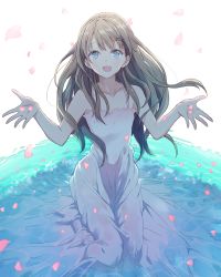 Rule 34 | 1girl, :d, atelier (series), atelier totori, brown hair, collarbone, dress, grey eyes, highres, long hair, looking at viewer, maromi (am97), open mouth, petals, simple background, smile, solo, totooria helmold, white background, white dress