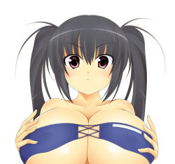 Rule 34 | 1girl, black hair, blush, grabbing another&#039;s breast, breasts, cleavage, grabbing, huge breasts, kooh, kyoku tou, large breasts, pangya, red eyes, solo, twintails
