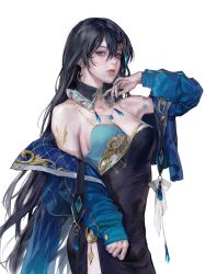 Rule 34 | 1girl, arm tattoo, ateli er, black hair, blue eyes, bracelet, breasts, cleavage, commission, cowboy shot, dress, earrings, expressionless, hair between eyes, hair ornament, highres, jacket, jacket partially removed, jewelry, korean commentary, large breasts, lips, long hair, looking at viewer, mole, mole under eye, original, side slit, solo, tattoo, white background