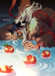 Rule 34 | 1boy, 2022, apple, bleeding, blood, dated, doc q, facial hair, food, fruit, fur trim, hat, highres, jewelry, long hair, lying, one piece, ribbon, ring, shaded face, very long hair, water, white hair, youkan (tako)