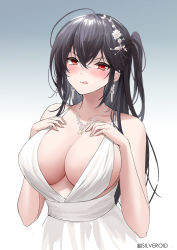 Rule 34 | 1girl, :q, ahoge, artist name, azur lane, bare shoulders, black hair, blush, breasts, cleavage, collarbone, commentary request, crossed bangs, dress, earrings, gradient background, hair between eyes, hair ornament, hands on own chest, highres, jewelry, large breasts, long hair, looking at viewer, necklace, official alternate costume, one side up, red eyes, satin clothes, satin dress, sidelocks, silveroid, simple background, sleeveless, sleeveless dress, smile, solo, taihou (azur lane), taihou (temptation on the sea breeze) (azur lane), tongue, tongue out, upper body, very long hair, wedding dress, white dress