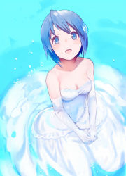 Rule 34 | 10s, 1girl, bad id, bad pixiv id, bare shoulders, blue background, blue eyes, blue hair, blue theme, breasts, cleavage, dress, elbow gloves, flower, from above, gloves, hair flower, hair ornament, looking up, mahou shoujo madoka magica, mahou shoujo madoka magica (anime), matching hair/eyes, miki sayaka, misada, short hair, smile, solo, wedding dress