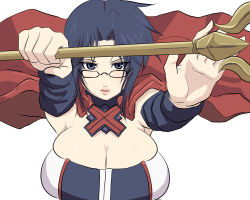 Rule 34 | 1girl, armpits, bad id, blue eyes, blue hair, blush, breasts, bursting breasts, cape, cleavage, detached sleeves, fighting stance, foreshortening, genderswap, genderswap (mtf), glasses, holding, homura (haku89), huge breasts, lips, looking at viewer, matching hair/eyes, nesty, outstretched arms, parted lips, short hair, simple background, skindentation, sleeveless, solo, staff, summon night, summon night 2, upper body, white background, wind, wind lift