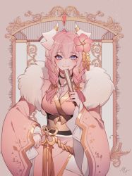 Rule 34 | 1girl, blue eyes, braid, breasts, dongbaegsi, dragon girl, dragon horns, flower, hair flower, hair ornament, highres, horns, lairei yen, lairei yen (light), large breasts, long hair, looking at viewer, lord of heroes, pale skin, pink hair, solo, twin braids, white horns