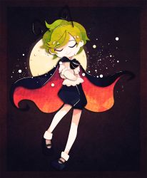 Rule 34 | 1girl, antennae, black cape, black footwear, black shorts, cape, closed eyes, closed mouth, commentary request, crossed arms, full body, green hair, highres, mary janes, phantasmic, puffy short sleeves, puffy sleeves, shirt, shoes, short hair, short sleeves, shorts, smile, socks, solo, touhou, white shirt, white socks, wriggle nightbug