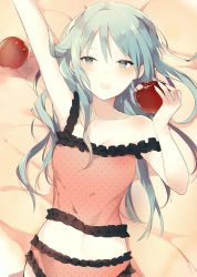 Rule 34 | 1girl, :o, arm up, armpits, bare shoulders, bed sheet, blue eyes, blue hair, blush, breasts, camisole, cleavage, collarbone, cowboy shot, food, frilled panties, frills, from above, fruit, hatsune miku, holding, holding food, holding fruit, long hair, looking at viewer, looking up, lpip, navel, open mouth, panties, pink panties, romeo to cinderella (vocaloid), sleeveless, small breasts, solo, stomach, strap slip, tsurime, underwear, underwear only, very long hair, vocaloid