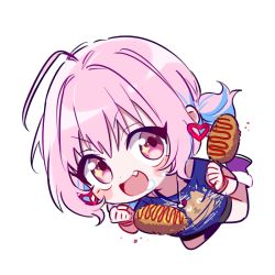 Rule 34 | 1girl, 6 (yuchae), ahoge, animal print, blue shirt, blush stickers, cat print, chibi, collarbone, colored inner hair, corn dog, drooling, earrings, food, heart, heart earrings, idolmaster, idolmaster cinderella girls, idolmaster cinderella girls starlight stage, jewelry, looking at viewer, multicolored hair, pink eyes, pink hair, shirt, simple background, solo, sparkling eyes, two-tone hair, white background, yumemi riamu