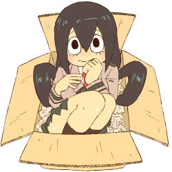 Rule 34 | 10s, asui tsuyu, black hair, blush, blush stickers, boku no hero academia, box, frog girl, hair rings, hand on own chest, long hair, looking at viewer, necktie, niwma (myriad revery), pleated skirt, red necktie, school uniform, simple background, skirt, solo, white background