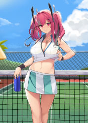 Rule 34 | 1girl, absurdres, azur lane, bare legs, bare shoulders, blurry, blurry background, blush, bottle, bra, breasts, bremerton (azur lane), bremerton (scorching-hot training) (azur lane), chain-link fence, cleavage, clothes lift, cloud, collarbone, collared shirt, commentary, cowboy shot, day, fence, green skirt, grey hair, groin, hair between eyes, hair intakes, hair ornament, hairclip, heart, heart necklace, highres, holding, holding bottle, jewelry, large breasts, lifting own clothes, long hair, looking at viewer, midriff, multicolored hair, navel, necklace, no mole, nose blush, outdoors, palm tree, pink bra, pink eyes, pink hair, shirt, shirt lift, sidelocks, skirt, sky, sleepy frippy, sleeveless, sleeveless shirt, smile, solo, sportswear, standing, streaked hair, sweat, tennis court, tennis net, tennis uniform, tree, twintails, two-tone hair, two-tone skirt, umbrella, underwear, water bottle, white shirt, white skirt, wristband
