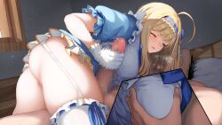 Rule 34 | 1boy, 1girl, ahoge, ass, bed, blonde hair, blue eyes, blush, breasts, censored, clothed female nude male, dress, erection, garter straps, gloved handjob, grabbing, grabbing another&#039;s breast, handjob, hetero, highres, indoors, long hair, lying, mosaic censoring, motion blur, multiple views, nude, on back, on bed, one eye closed, open mouth, original, penis, pussy, steaming body, testicles, thighhighs, tobimura, white garter straps, white thighhighs