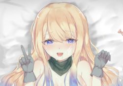 Rule 34 | 1girl, :d, bed, blonde hair, blue eyes, blue hair, blush, bow, breasts, cum, cum on body, cum on breasts, cum on upper body, facial, female focus, gloves, gradient hair, heart, heart-shaped pupils, implied sex, indie virtual youtuber, large breasts, long hair, looking at viewer, lying, multicolored hair, nude, on back, open mouth, pink bow, smile, solo, symbol-shaped pupils, ten-jun naki, v, virtual youtuber, zeta (vtuber)