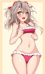 Rule 34 | 1girl, absurdres, beige border, bikini, breasts, brown eyes, commentary request, cowboy shot, frilled bikini, frills, high ponytail, highres, kantai collection, light brown hair, long hair, looking at viewer, navel, nyako (hitsuzineko3), red bikini, small breasts, solo, swimsuit, two-tone background, white background, zuihou (kancolle)