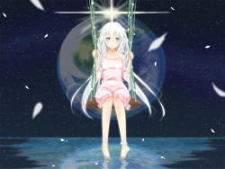 Rule 34 | 1girl, barefoot, blue eyes, blush, dress, earth (planet), feet, ia (vocaloid), long hair, nokko, petals, planet, reflection, sitting, smile, soaking feet, solo, space, swing, vocaloid, water, white hair