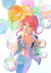 Rule 34 | 1girl, :d, absurdres, aiming, aiming at viewer, arknights, balloon, bare shoulders, black pantyhose, blue nails, blue poison (arknights), blue poison (shoal beat) (arknights), blue shorts, blush, braid, breasts, choker, cleavage, collarbone, colorful, dogdogbhh, green eyes, green hairband, hairband, highres, holding, holding balloon, jacket, long hair, long sleeves, looking at viewer, medium breasts, nail polish, navel, off shoulder, official alternate costume, open clothes, open jacket, open mouth, pantyhose, pantyhose under shorts, parted bangs, pink choker, pink hair, shorts, simple background, smile, soap bubbles, solo, twin braids, water gun, white background, white jacket