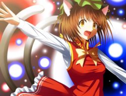 Rule 34 | 1girl, animal ears, bad id, bad pixiv id, bow, brown eyes, cat ears, cat tail, chen, danmaku, earrings, fang, forgotten artist, hat, highres, jewelry, multiple tails, open mouth, outstretched arm, short hair, solo, tail, touhou