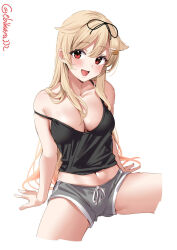 Rule 34 | 1girl, alternate costume, bare shoulders, black camisole, black ribbon, blonde hair, blush, breasts, camisole, collarbone, commentary request, cropped legs, drawstring, ebifurya, fang, grey shorts, hair flaps, hair ornament, hair ribbon, hairclip, highres, kantai collection, long hair, looking at viewer, medium breasts, navel, one-hour drawing challenge, open mouth, red eyes, ribbon, short shorts, shorts, simple background, smile, solo, spread legs, strap slip, thighs, tongue, twitter username, very long hair, white background, yuudachi (kancolle), yuudachi kai ni (kancolle)
