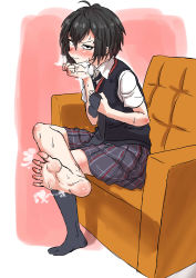 Rule 34 | 1girl, absurdres, angry, annoyed, antenna hair, arm chair, barefoot, black eyes, black footwear, black hair, black necktie, black skirt, black socks, black sweater vest, blush, bob cut, commentary, dress shirt, embarrassed, feet, foreshortening, hair between eyes, heavy breathing, highres, looking at viewer, marvel, necktie, nervous sweating, no shoes, nose blush, on chair, outside border, peni parker, pink background, plaid, plaid skirt, presenting foot, s k (shiro karasu), school uniform, shirt, short hair, sitting, skirt, smell, socks, soles, solo, spider-man: into the spider-verse, spider-man (series), spider-verse, spread toes, steam, sweat, sweatdrop, sweater vest, toes, v-shaped eyebrows, white shirt