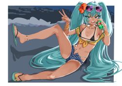 1girl aqua_eyes aqua_hair armpits beach bikini black_bikini bracelet brazilian_miku breasts can clothes_pull denim denim_shorts drink_can eyebrows_hidden_by_hair eyewear_on_head flip-flops flower full_body guarana_antarctica hair_flower hair_ornament hatsune_miku highres holding holding_can jewelry leg_up long_hair makeup multicolored_nails nail_polish navel night ocean open_mouth sandals shadow shiiwashi shirt shirt_pull short_shorts shorts sitting small_breasts smile soda_can solo sunglasses swimsuit tan tanline teeth toenail_polish toenails upper_teeth_only v very_long_hair vocaloid yellow_shirt