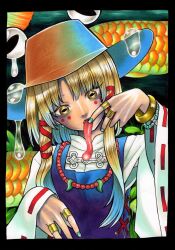 Rule 34 | 1girl, bags under eyes, blonde hair, blue vest, bow, bracelet, branch, brown headwear, extra eyes, facial tattoo, fang, frog girl, green nails, hair bow, hair ornament, hand up, hat, head tilt, highres, horizontal pupils, jewelry, leaf, long hair, long tongue, magatama, moriya suwako, nail polish, necklace, open mouth, red bow, ring, saliva, scales, shirt, sidelocks, tattoo, tongue, tongue out, touhou, traditional media, vest, white sleeves, whoru, wide sleeves, yellow eyes