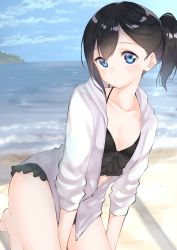 Rule 34 | 1girl, beach, bikini, black bikini, black bow, black hair, blue eyes, blue sky, blurry, blurry background, blush, bow, bow bikini, breasts, closed mouth, cloud, collarbone, commentary request, day, depth of field, hair between eyes, halterneck, highres, hood, hood down, hooded jacket, horizon, jacket, looking at viewer, ocean, open clothes, open jacket, original, outdoors, sand, side ponytail, sidelocks, sky, small breasts, solo, suzunari shizuku, swimsuit, water, white jacket, yuki arare