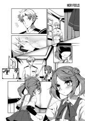 Rule 34 | 10s, 1boy, 1girl, admiral (kancolle), arm warmers, blush, box, box of chocolates, closed mouth, comic, commentary, door, double bun, english text, greyscale, hair bun, hallway, indoors, kantai collection, long sleeves, looking at another, looking down, looking to the side, michishio (kancolle), military, military uniform, monochrome, motion lines, naval uniform, outstretched arm, pants, pleated skirt, ribbon, school uniform, shaded face, sheita, short hair, short sleeves, short twintails, skirt, suspender skirt, suspenders, swept bangs, twintails, uniform, valentine, walking