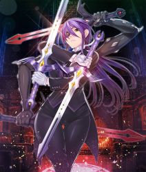 Rule 34 | 1girl, breasts, butler, cameltoe, curvy, extra arms, eyepatch, female focus, formal, gloves, highres, holding, holding weapon, indoors, large breasts, lilith-soft, long hair, looking at viewer, onmyou kishi towako, ponytail, purple hair, shiki reika, skin tight, solo, sword, taimanin (series), taimanin asagi, taimanin asagi kessen arena, weapon, yellow eyes, zol