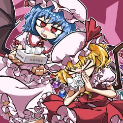 Rule 34 | &gt; &lt;, 2girls, alice margatroid, amerika zarigani, ascot, black wings, blonde hair, blowing nose, blue hair, blush, closed eyes, commentary request, cookie (touhou), cowboy shot, crystal, demon wings, dutch angle, fang, flandre scarlet, frilled shirt, frilled shirt collar, frilled skirt, frilled sleeves, frills, hat, highres, hinase (cookie), looking at viewer, mob cap, multiple girls, open mouth, pink background, pink headwear, pink shirt, pink skirt, puffy short sleeves, puffy sleeves, red eyes, red sash, red skirt, red vest, remilia scarlet, sakura (cookie), sash, shirt, short hair, short sleeves, skirt, tissue, tissue box, touhou, vest, wings, yellow ascot, yuno (cookie)